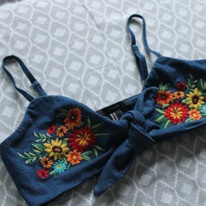 Forever 21 Floral Embroidered Tie-Front Crop Top